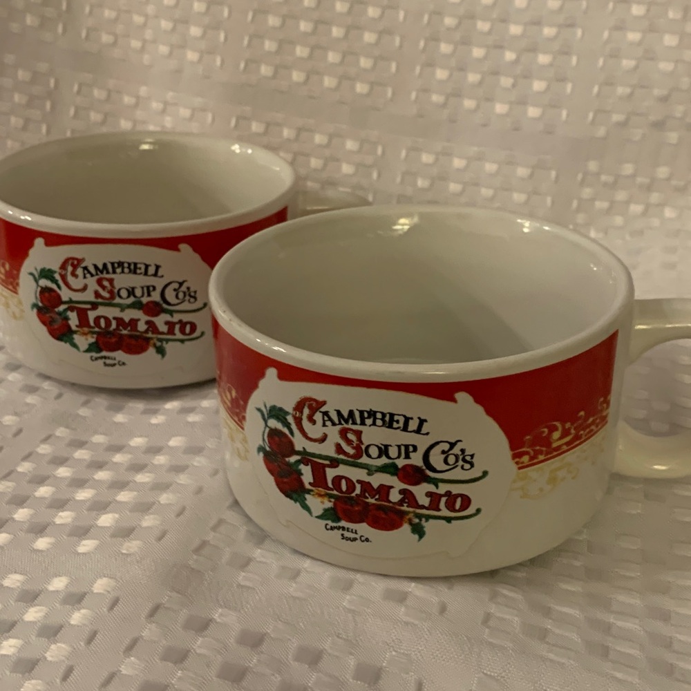 2 Campbell Soup Co’s Red and White Tomato Soup mugs/bowls. 2.5 inches high.